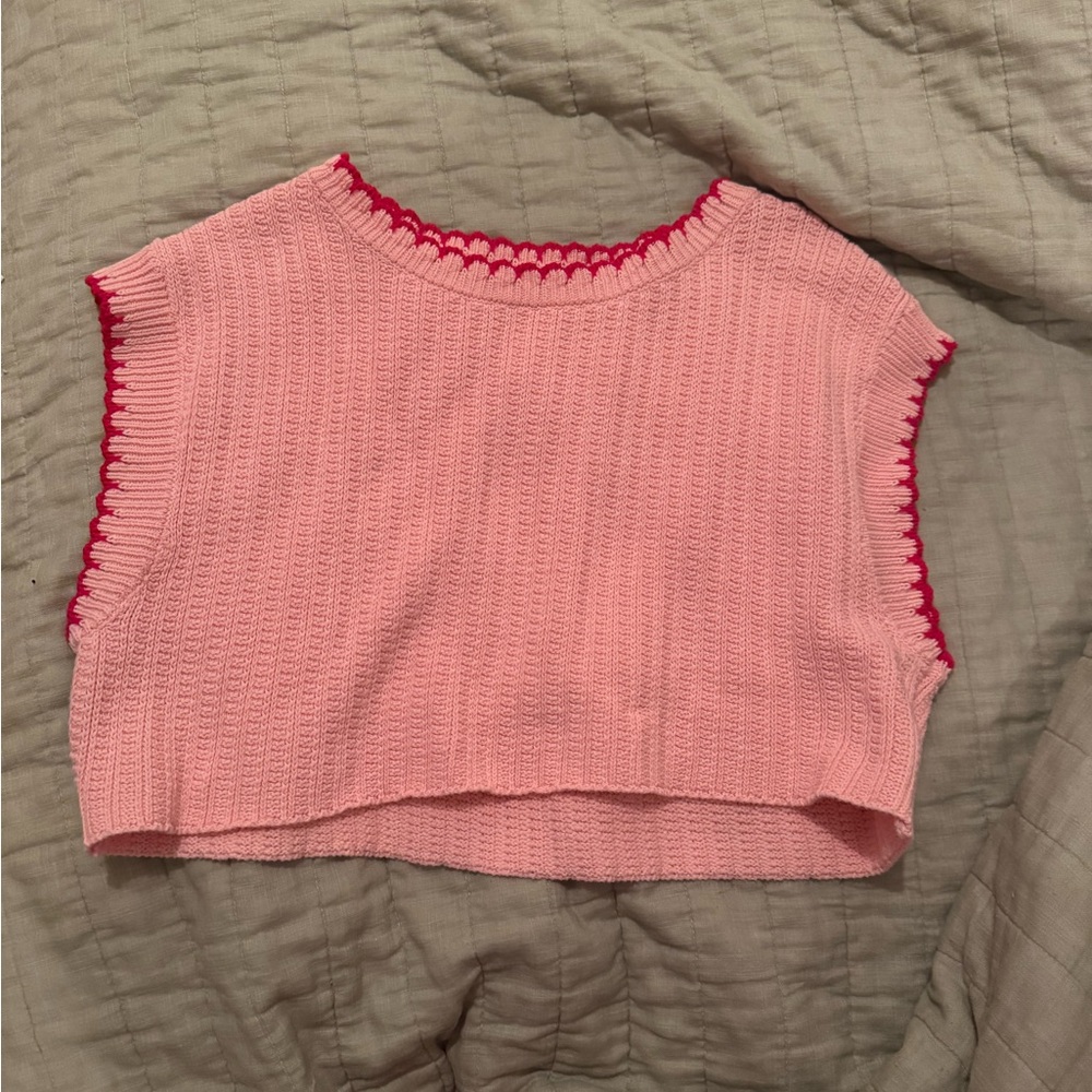 Pink Knit Sleeveless Top with Red Trim